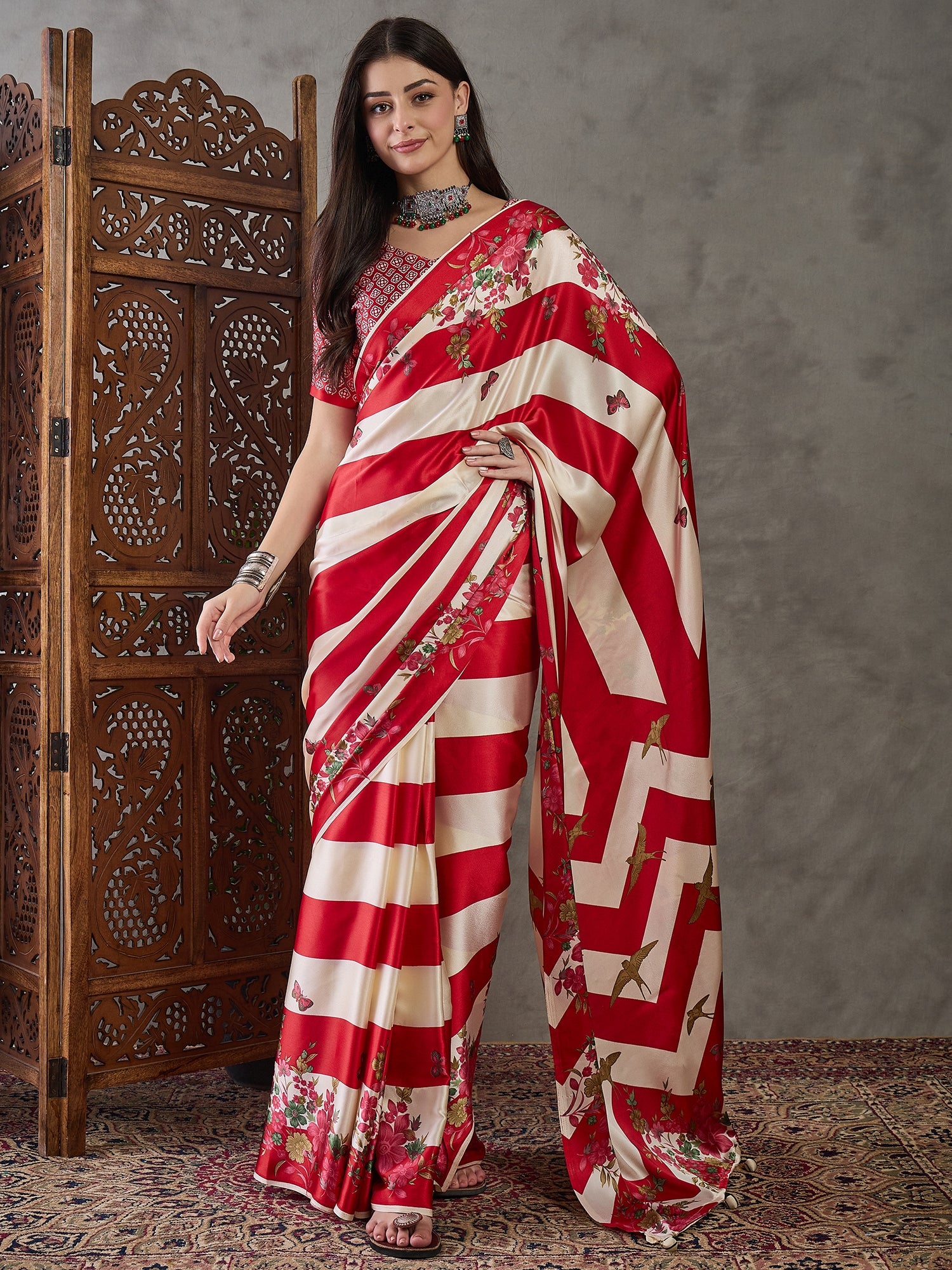 Red Pure Semi Modal Japan Silk Ajarkh Printed Saree 