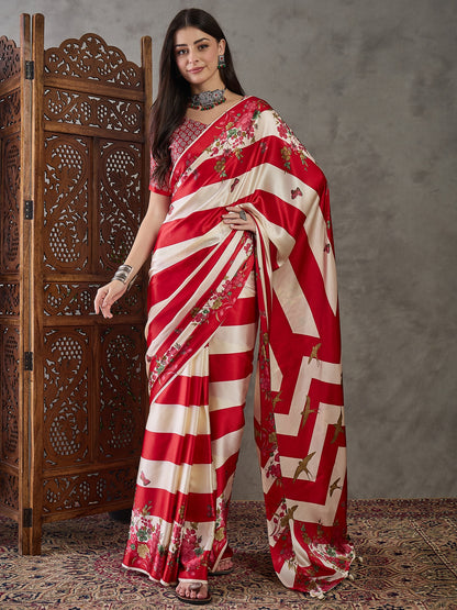 Red Pure Semi Modal Japan Silk Ajarkh Printed Saree 