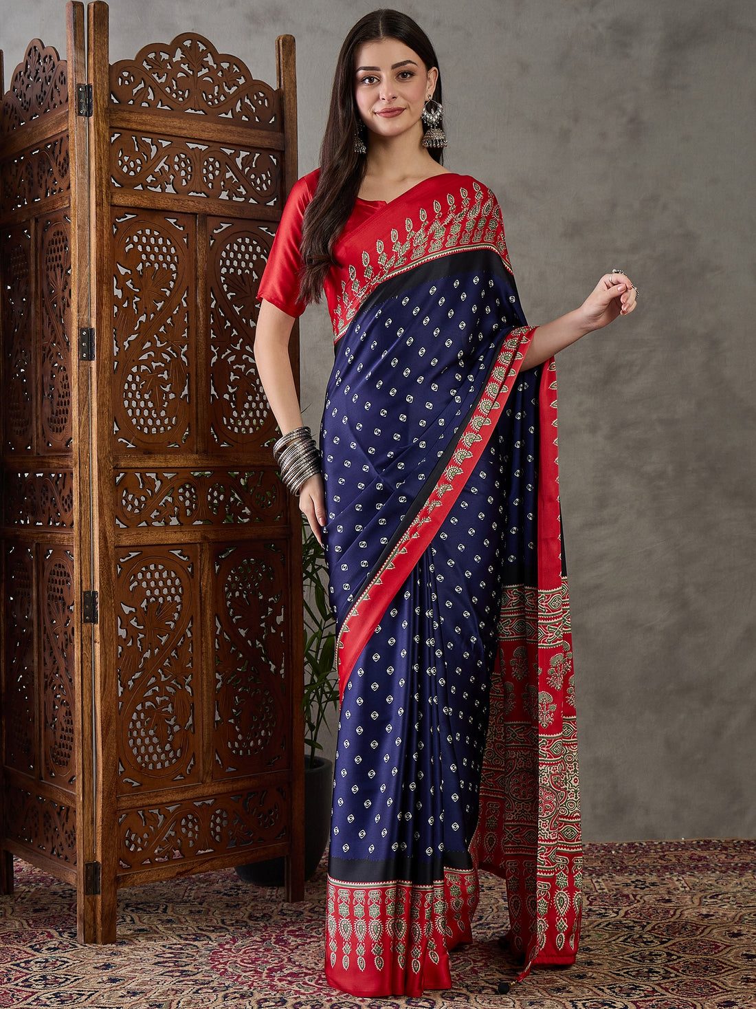 Blue Pure Semi Modal Silk Ajarkh Printed Saree