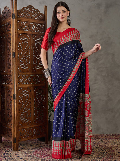 Blue Pure Semi Modal Silk Ajarkh Printed Saree