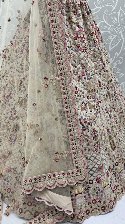 Off White Pure Soft Gadhwal Silk Heavy Embroidery Work Bridal Lehenga Choli