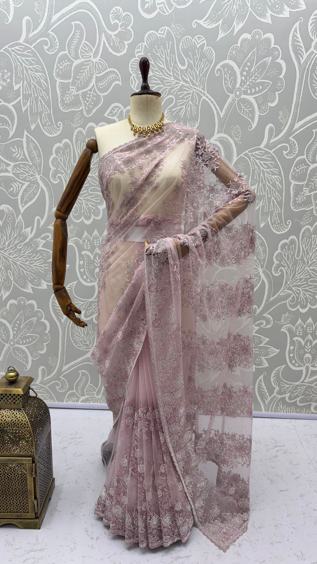 Lavender Pure Premium Net Handwork Kasti &amp; Motif Zari Metallic Sequins Work Wedding Saree