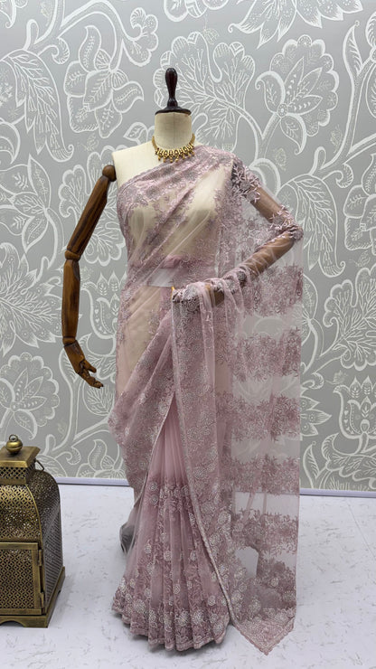 Lavender Pure Premium Net Handwork Kasti &amp; Motif Zari Metallic Sequins Work Wedding Saree