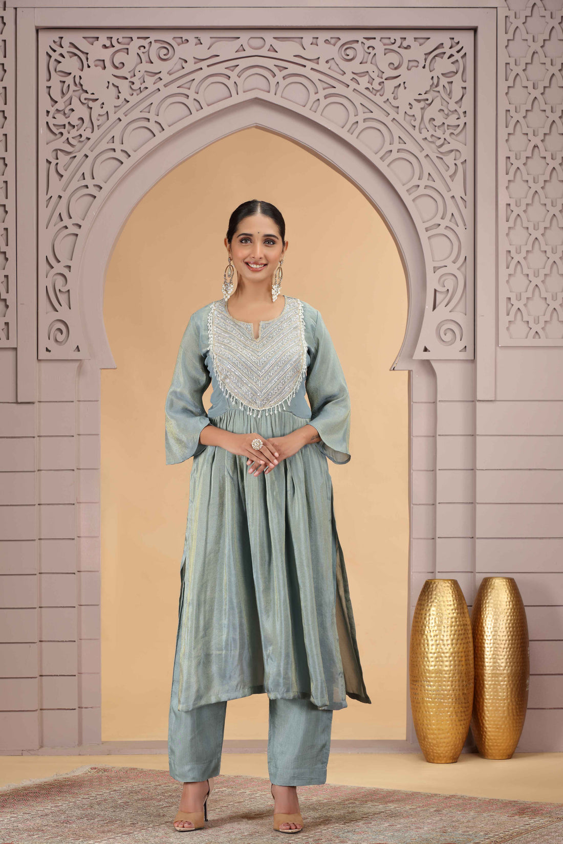 Firozi Shimmer Organza Pleated A-Line Kurta Pant Set Kurta Set Anant Tex Exports Pvt.Ltd..