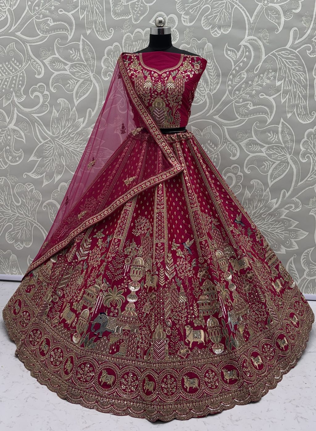 Rani Pink Pure Soft Gadwal Silk Heavy Embroidery Work Bridal Lehenga 