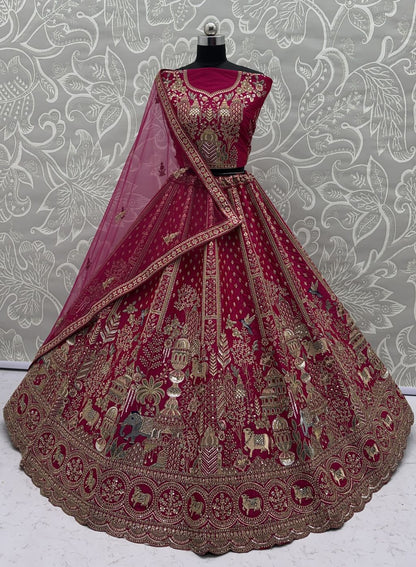 Rani Pink Pure Soft Gadwal Silk Heavy Embroidery Work Bridal Lehenga 
