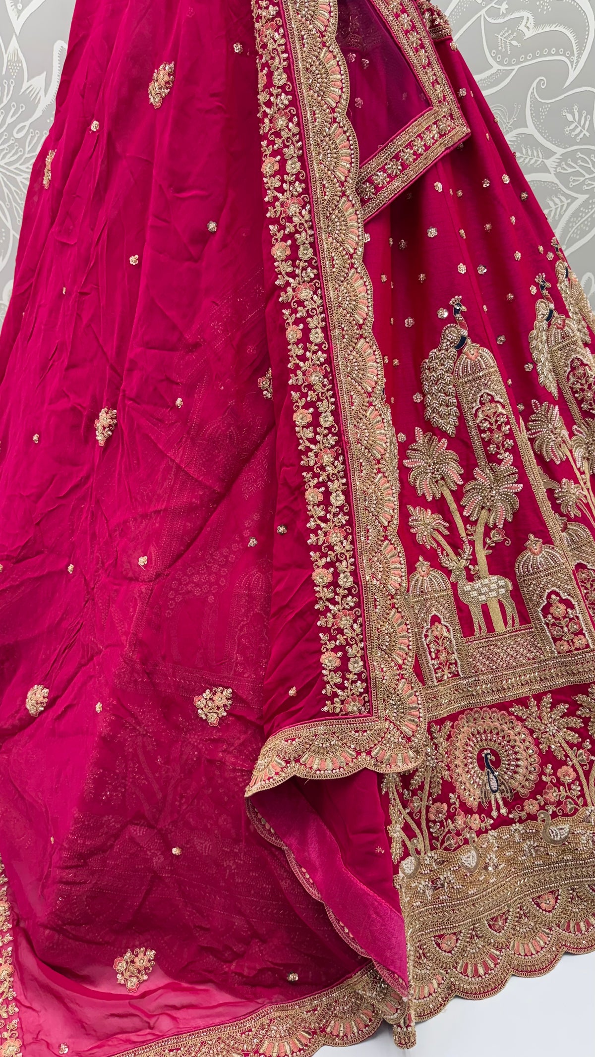 Red Pure Premium Gharwal Siik Peacock &amp; Giraffe Thread &amp; Zari Handwork Crystal Motif 
Sequins Work Bridal Lehenga Choli