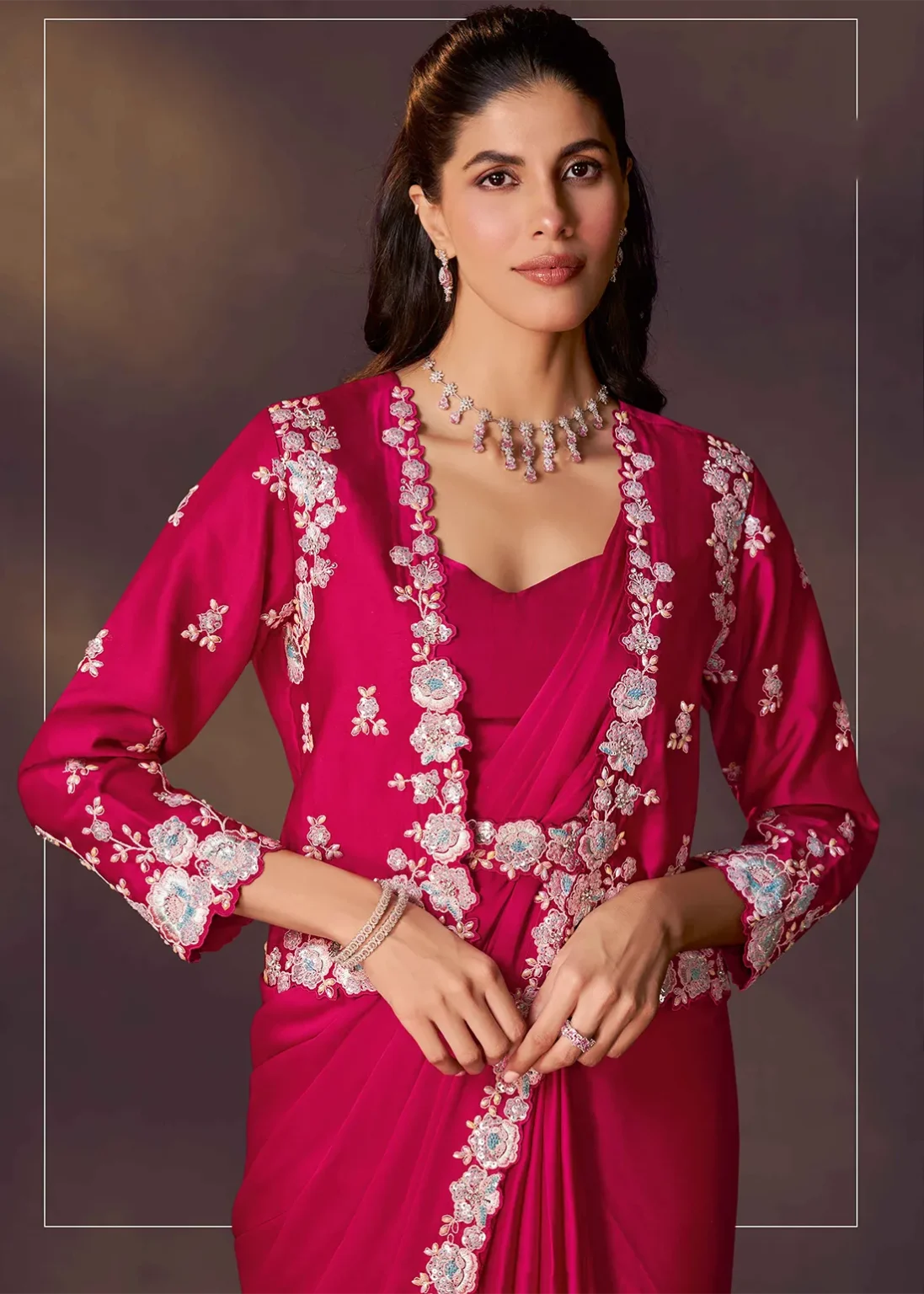 Pink Pure Soft Crush Satin Silk Ready to Wear Saree ##color## Ready to Wear Saree with premium fabric and embroidery