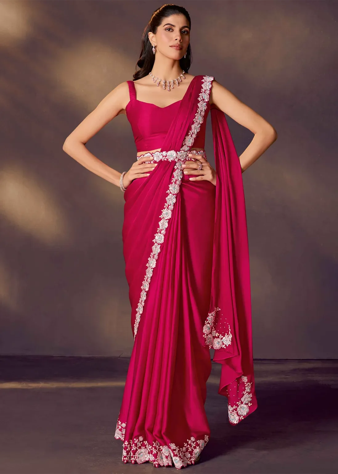 Pink Pure Soft Crush Satin Silk Ready to Wear Saree ##color## Ready to Wear Saree with premium fabric and embroidery