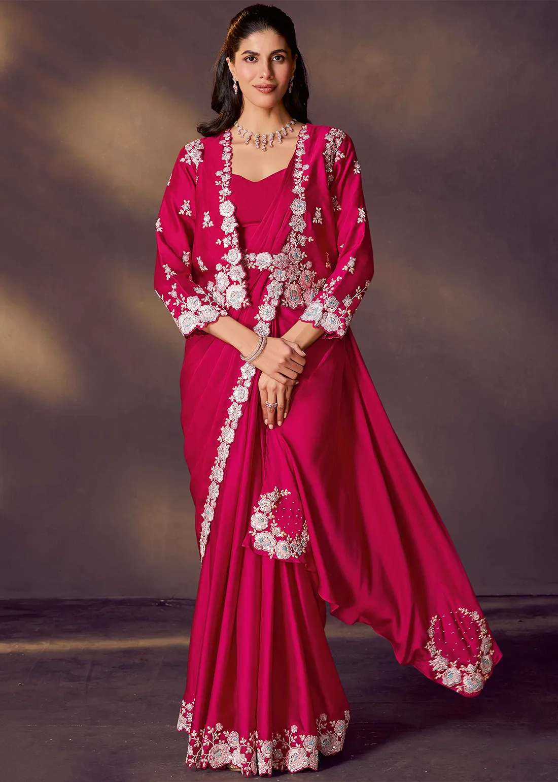 Pink Pure Soft Crush Satin Silk Ready to Wear Saree 