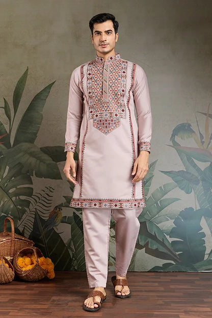Dusty Pink Silk Embroidered Kurta Pajama for Men