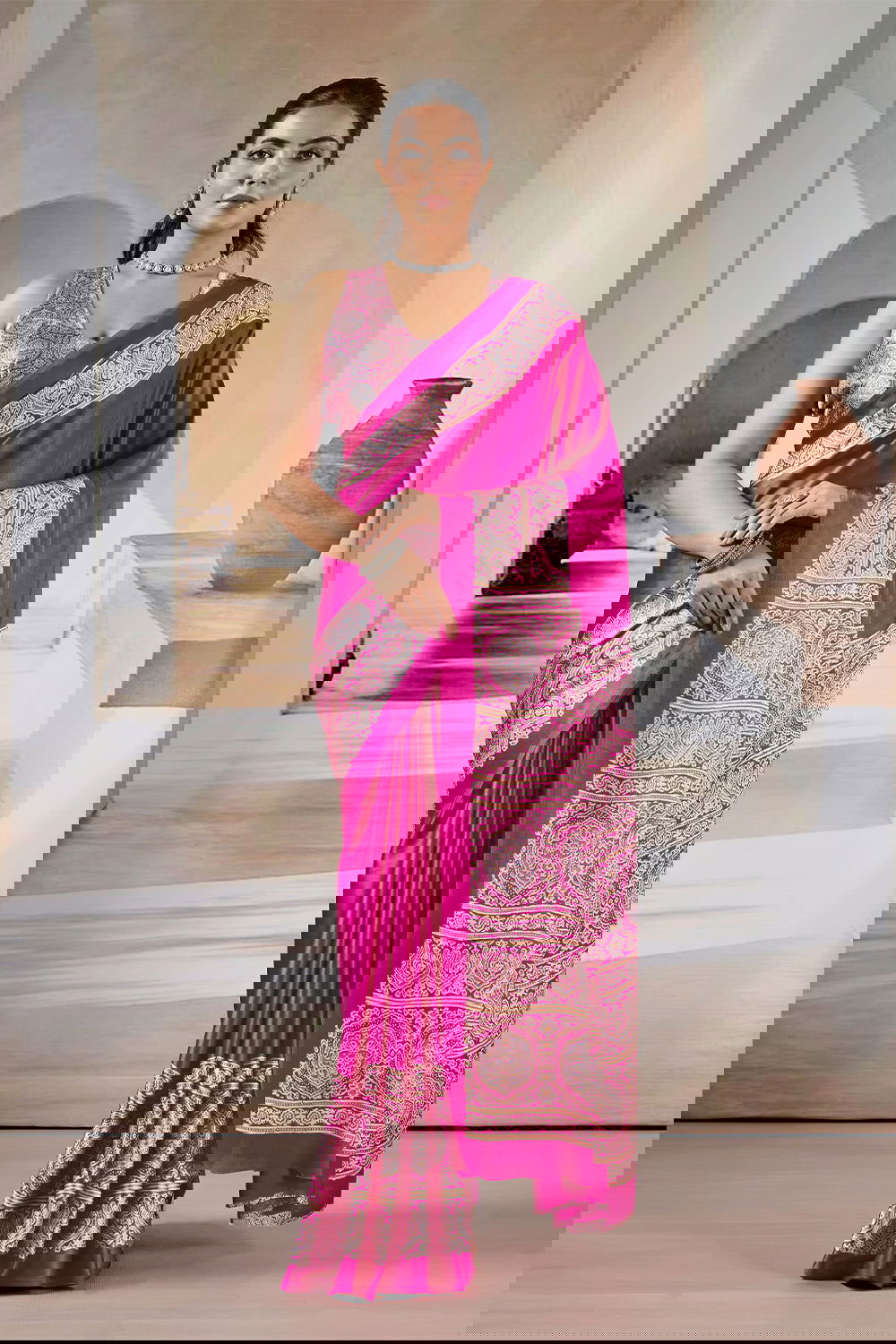 Pink Pure Soft Modal Satin Ajrakh Print Satin Saree