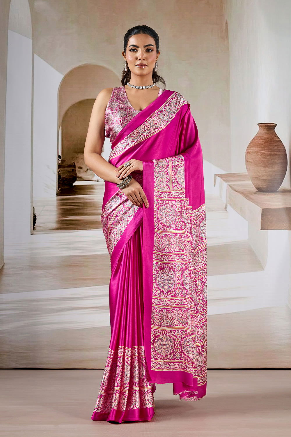 Pink Pure Soft Modal Satin Ajrakh Print Satin Saree Japan Satin Saree Anant Tex Exports Pvt.Ltd..