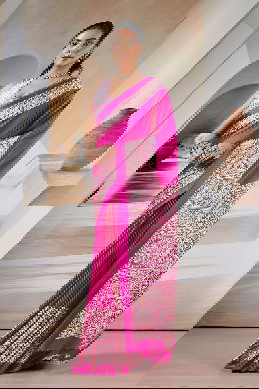 Pink Pure Soft Modal Satin Ajrakh Print Satin Saree