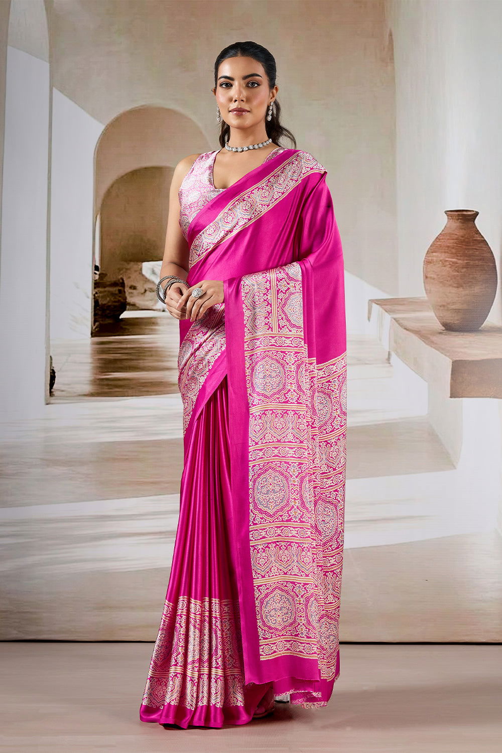 Pink Pure Soft Modal Satin Ajrakh Print Satin Saree Japan Satin Saree Anant Tex Exports Pvt.Ltd..