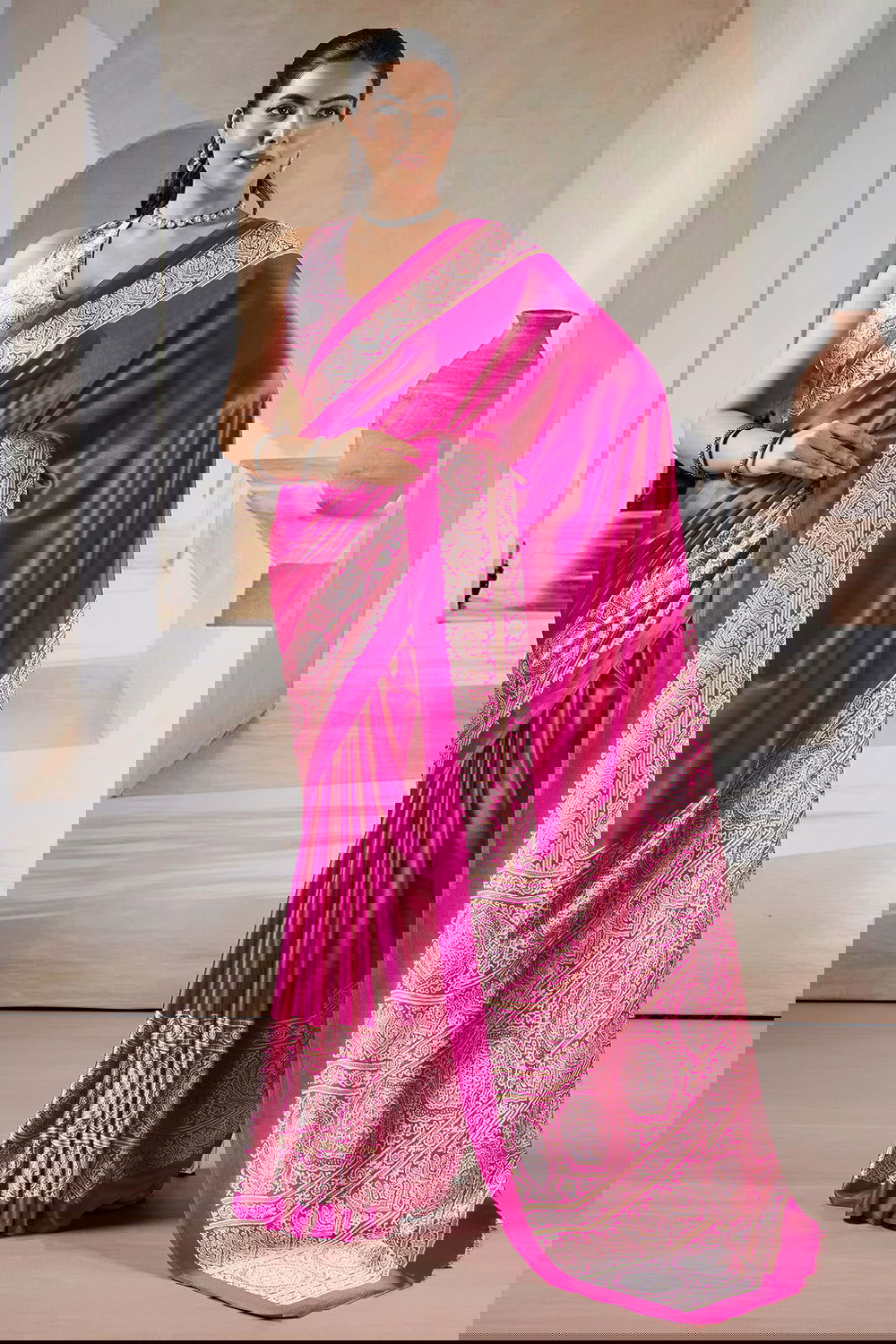 Pink Pure Soft Modal Satin Ajrakh Print Satin Saree