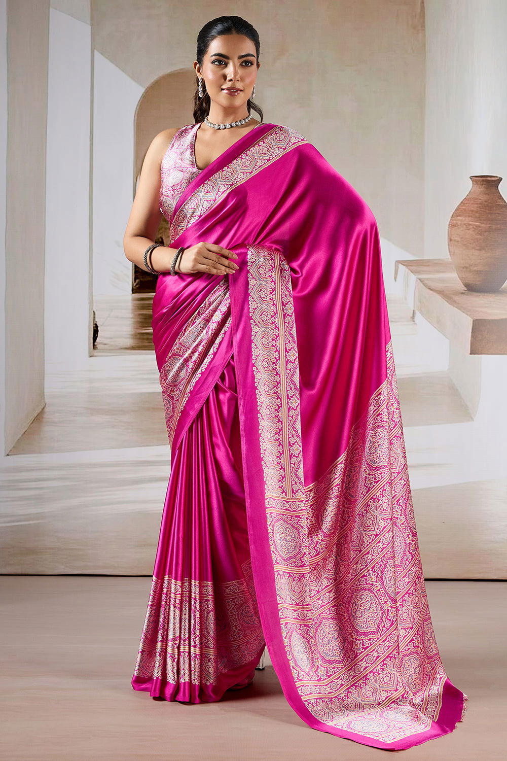 Pink Pure Soft Modal Satin Ajrakh Print Satin Saree Japan Satin Saree Anant Tex Exports Pvt.Ltd..