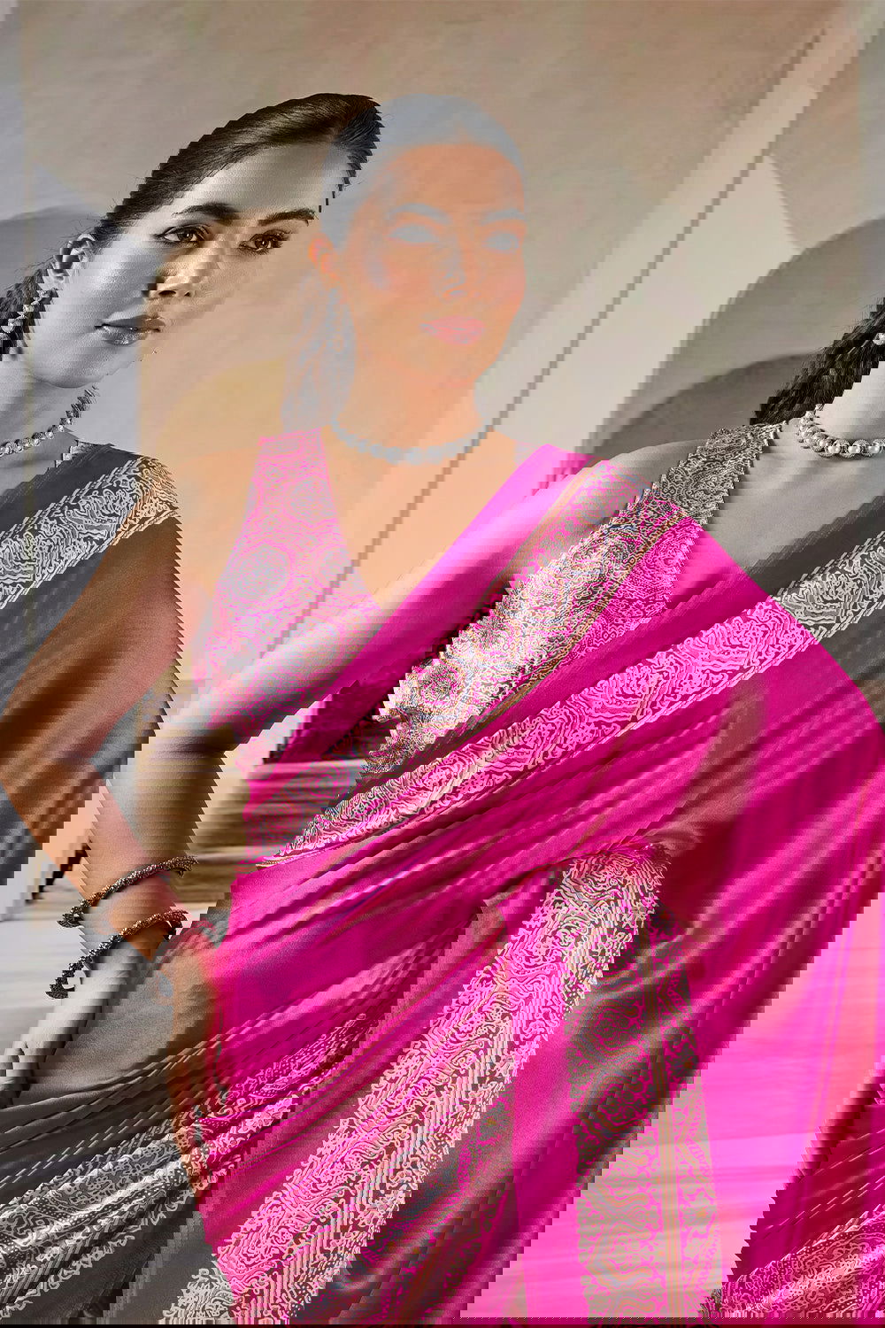 Pink Pure Soft Modal Satin Ajrakh Print Satin Saree