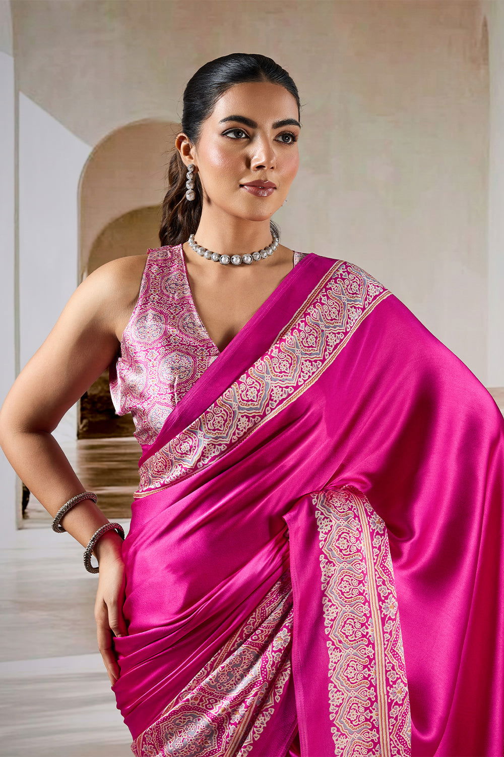 Pink Pure Soft Modal Satin Ajrakh Print Satin Saree Japan Satin Saree Anant Tex Exports Pvt.Ltd..