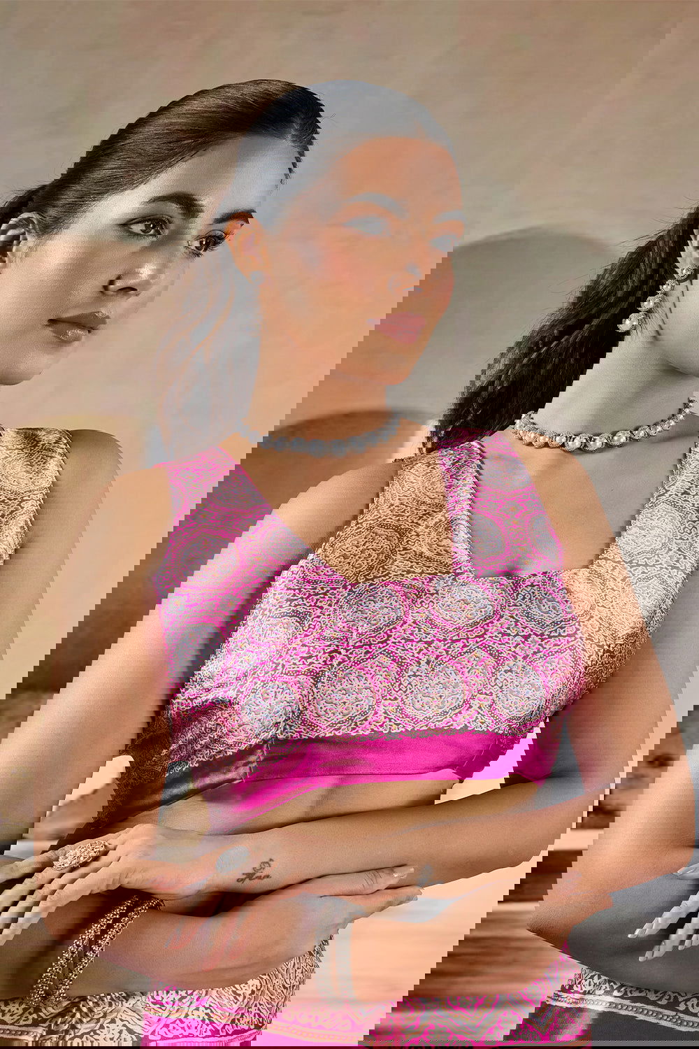 Pink Pure Soft Modal Satin Ajrakh Print Satin Saree