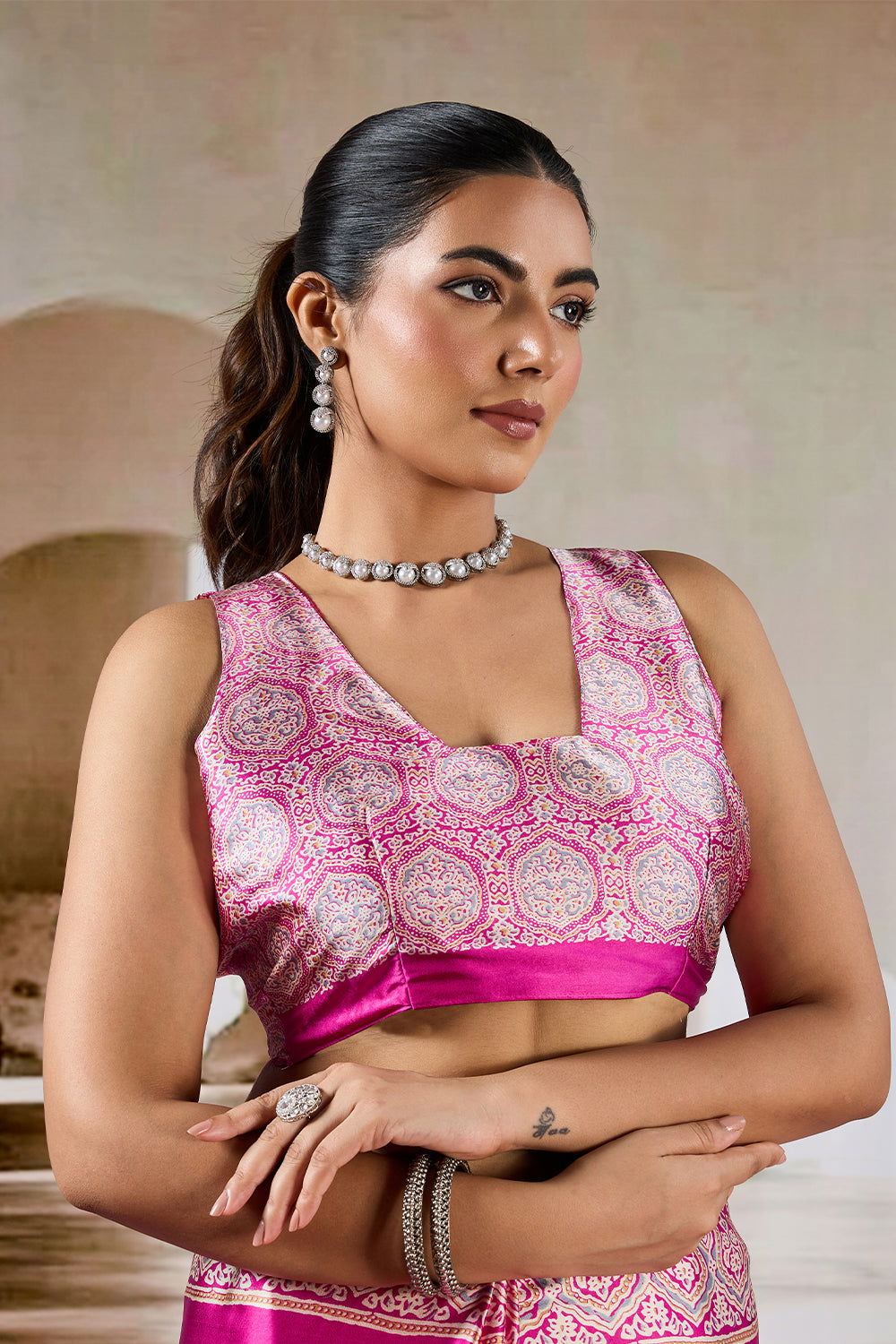 Pink Pure Soft Modal Satin Ajrakh Print Satin Saree Japan Satin Saree Anant Tex Exports Pvt.Ltd..