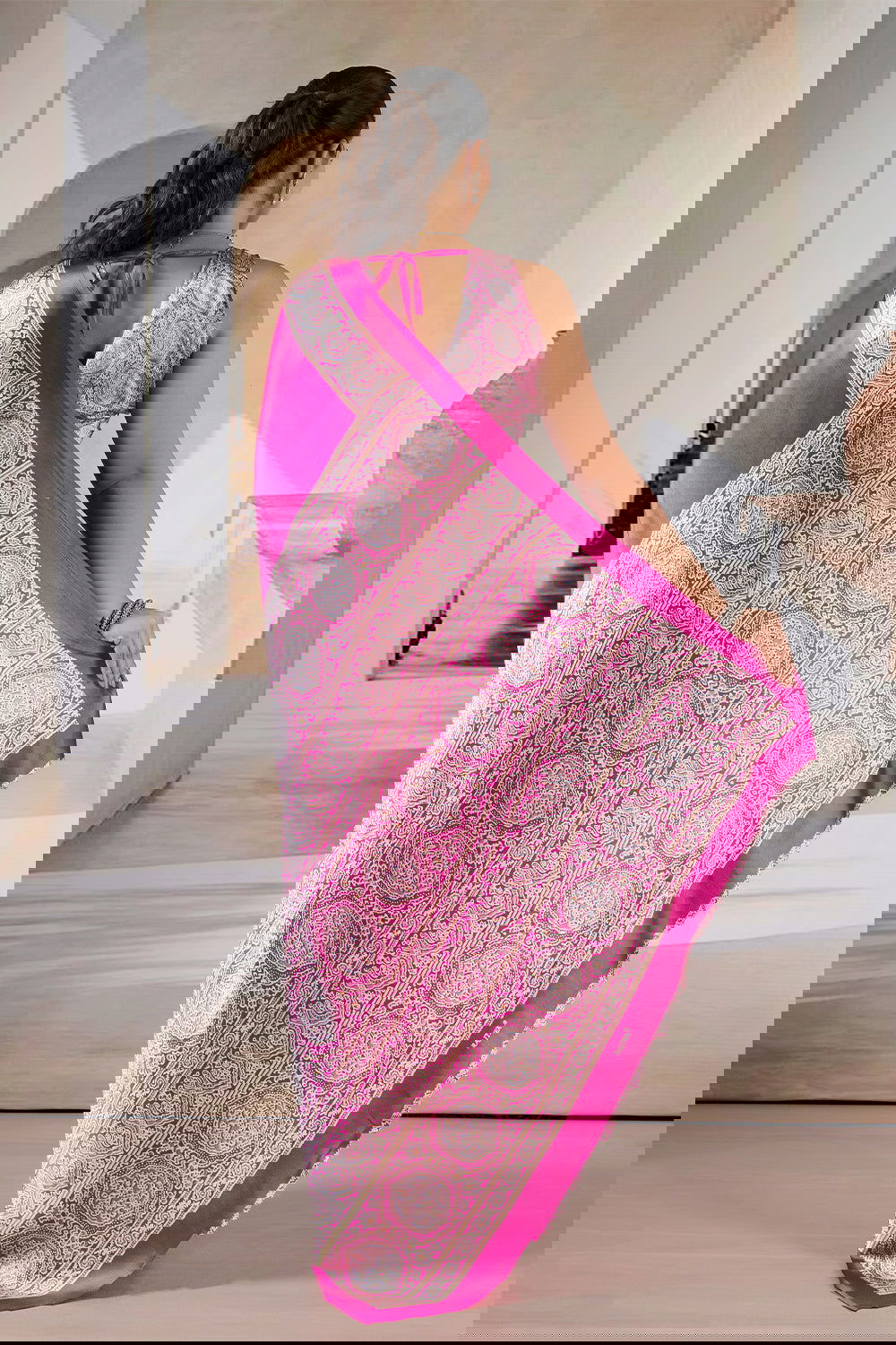 Pink Pure Soft Modal Satin Ajrakh Print Satin Saree