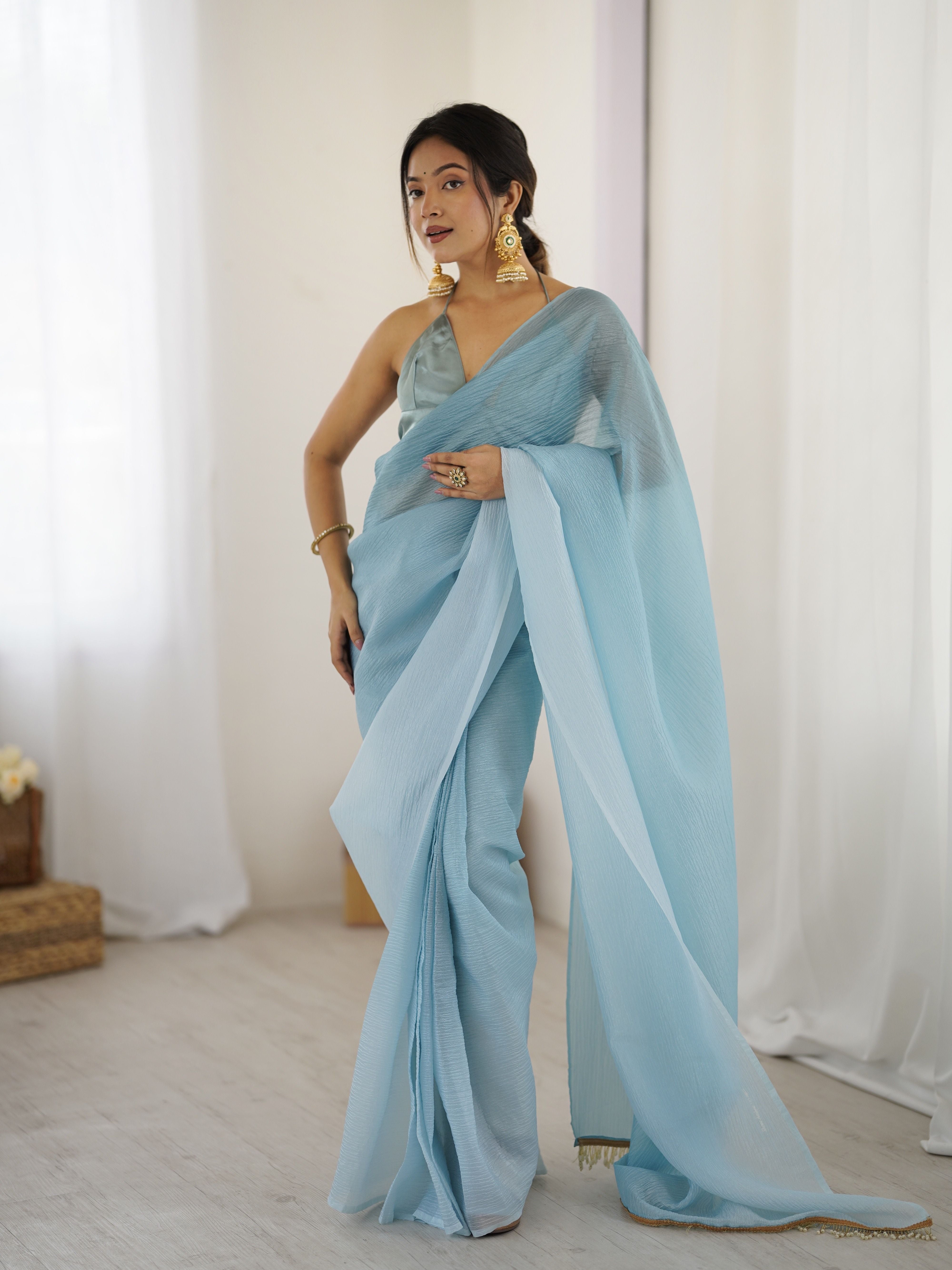 Sky shaded Pure Soft Candy Crush Silk Ready to Wear Saree ##color## Ready to Wear Saree with premium fabric and embroidery