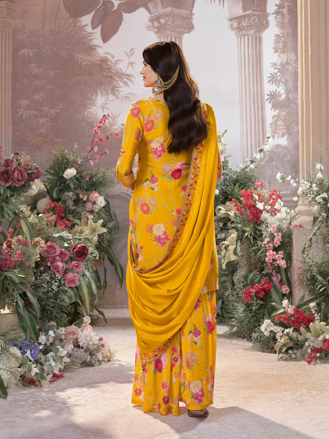 Traditional mustard sharara set with embroidery and digital floral prints

