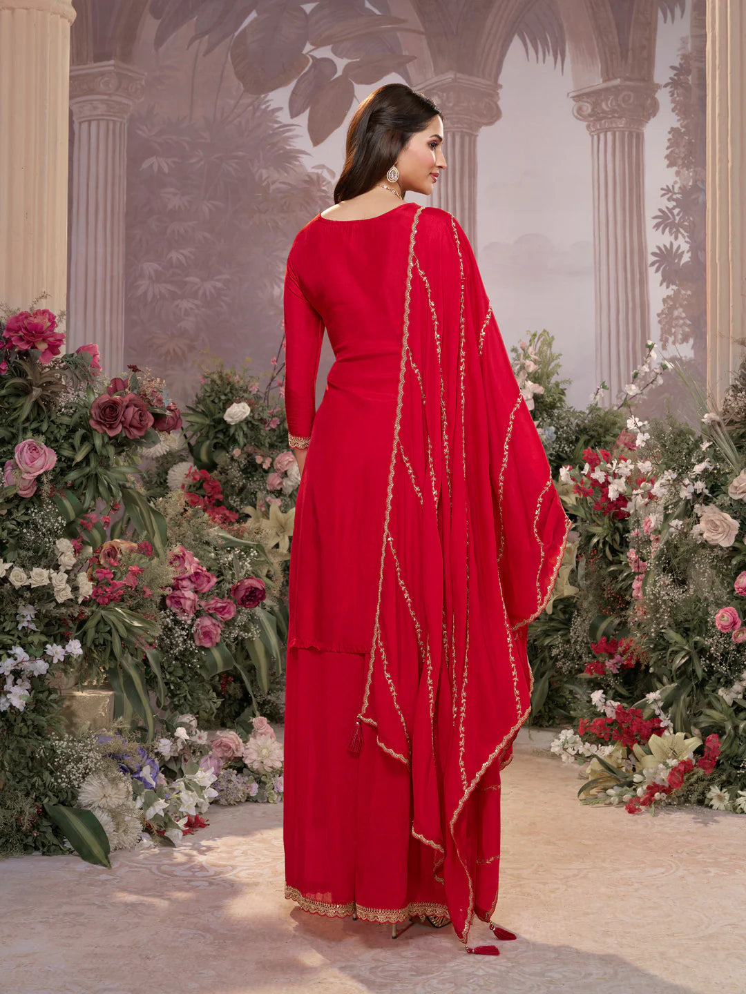 Elegant festive sharara set in dola silk with chinon dupatta

