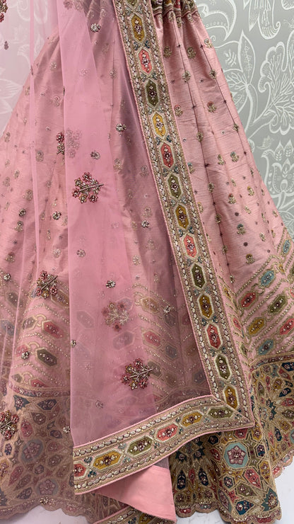 Pink Pure Slubb Silk Premium Dori Embroidery Sequins &amp; Diamond Work Bridal Lehenga Choli