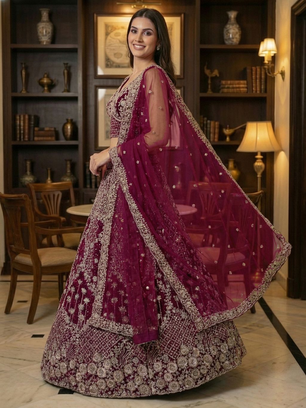 Raspberry Pure Soft Net Heavy Embroidery Work Bridal Lehenga