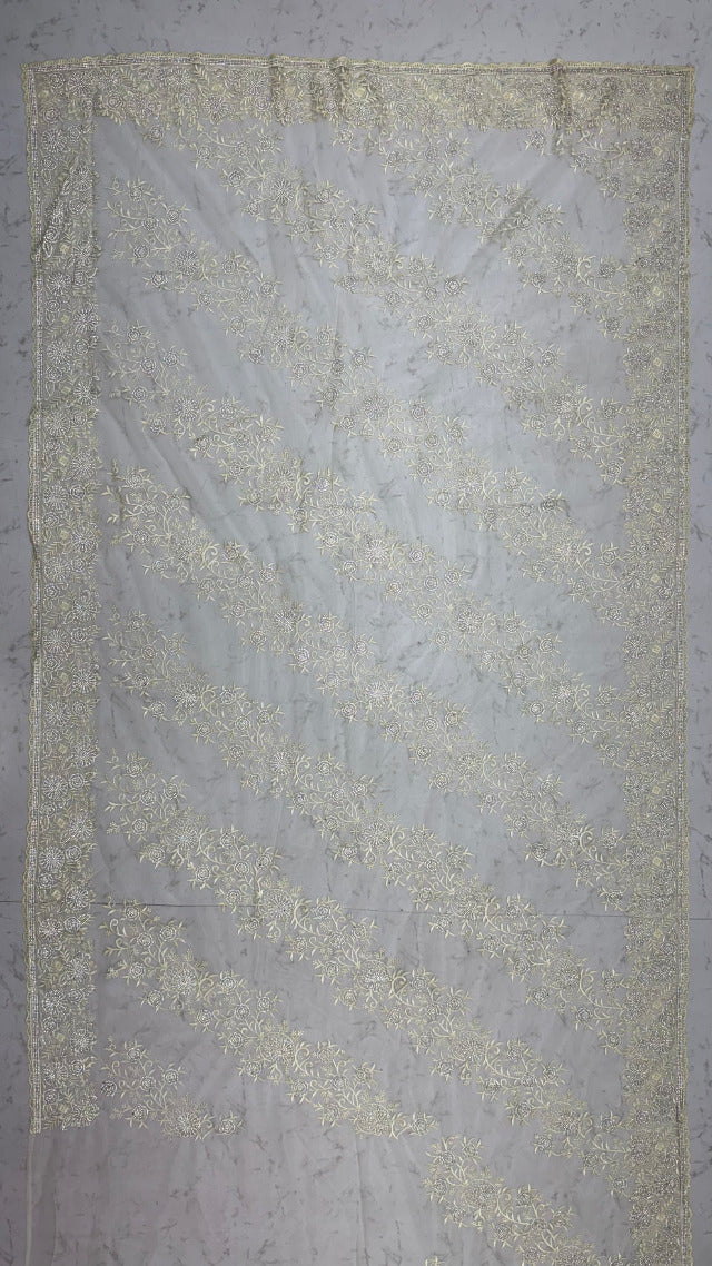 Cream Pure Premium Net Handwork Kasti &amp; Motif Zari Metallic Sequins Work Wedding Saree