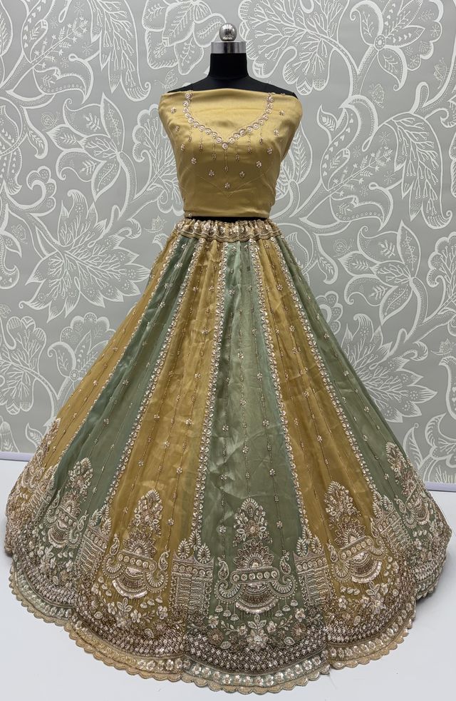 Multi Pure Soft Satin Silk Heavy Beads Motif Zari Embroidery Sequins Work Bridal Lehenga Choli