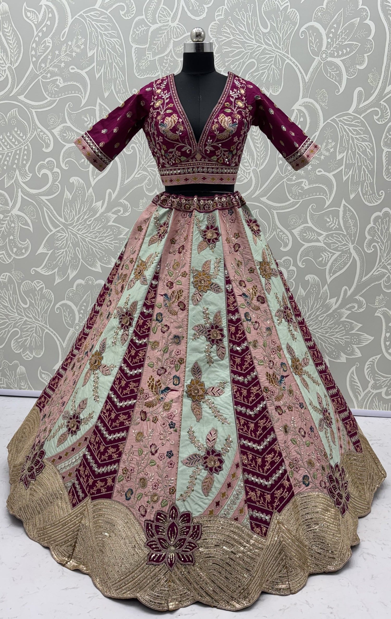 Multi Pure Satin Silk Flower Patch Work Real Hand Mirror &amp; Multi thread Zari Work Bridal Lehenga Choli