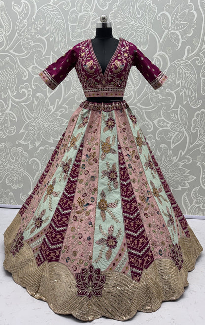 Multi Pure Satin Silk Flower Patch Work Real Hand Mirror &amp; Multi thread Zari Work Bridal Lehenga Choli
