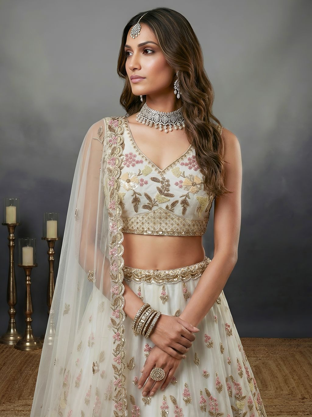 White Pure Soft Heavy Net Sequins Embroidery Work Bridal Lehenga 