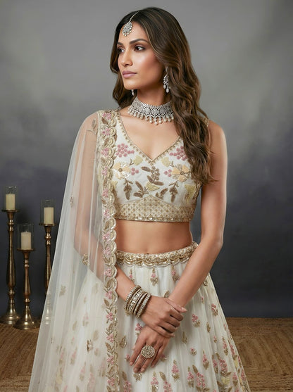 White Pure Soft Heavy Net Sequins Embroidery Work Bridal Lehenga 