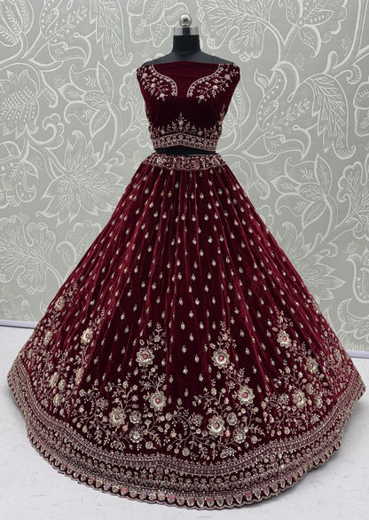 Red Pure Soft Velvet Heavy Embroidery Patch Work Bridal Lehenga