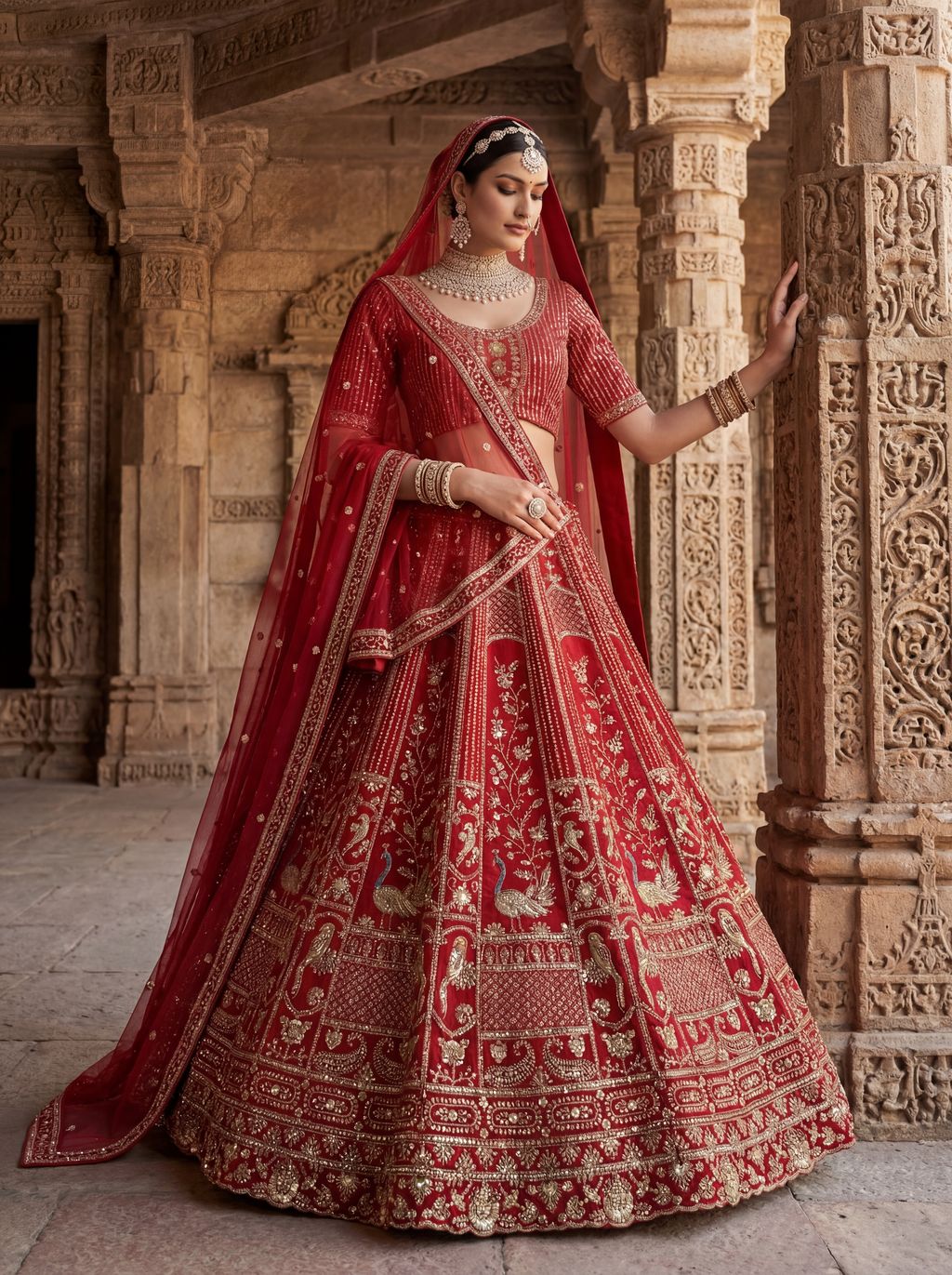 Red Pure Soft Silk Heavy Embroidery Work Bridal Lehenga