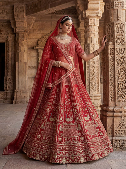 Red Pure Soft Silk Heavy Embroidery Work Bridal Lehenga 