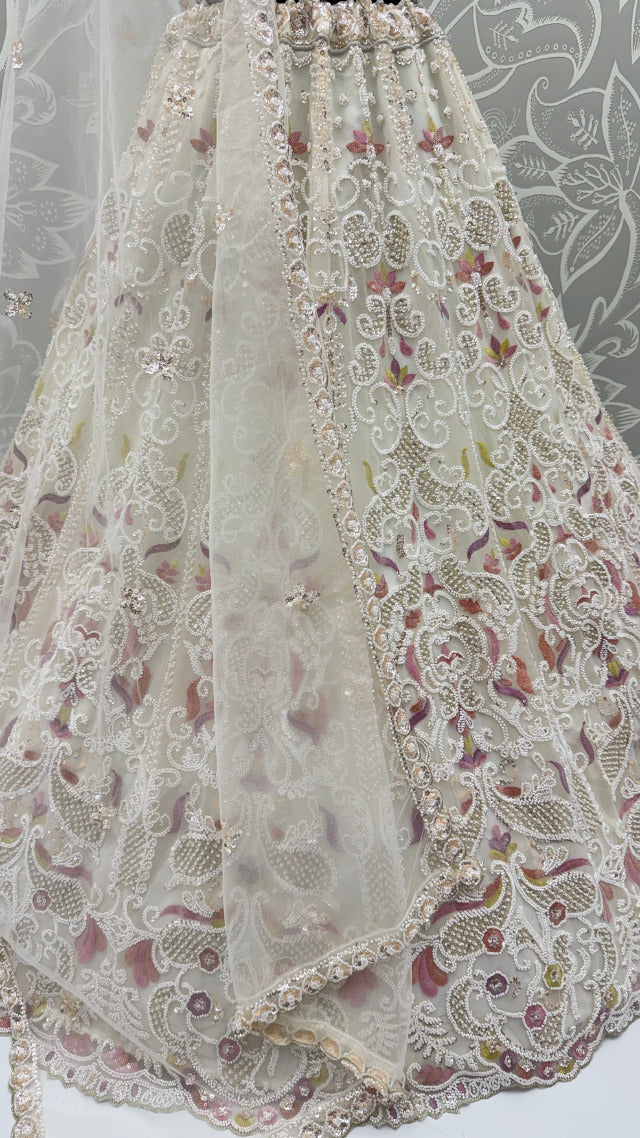 White Pure Heavy Net Motif Handwork Zari Sequins Work Bridal Lehenga Choli