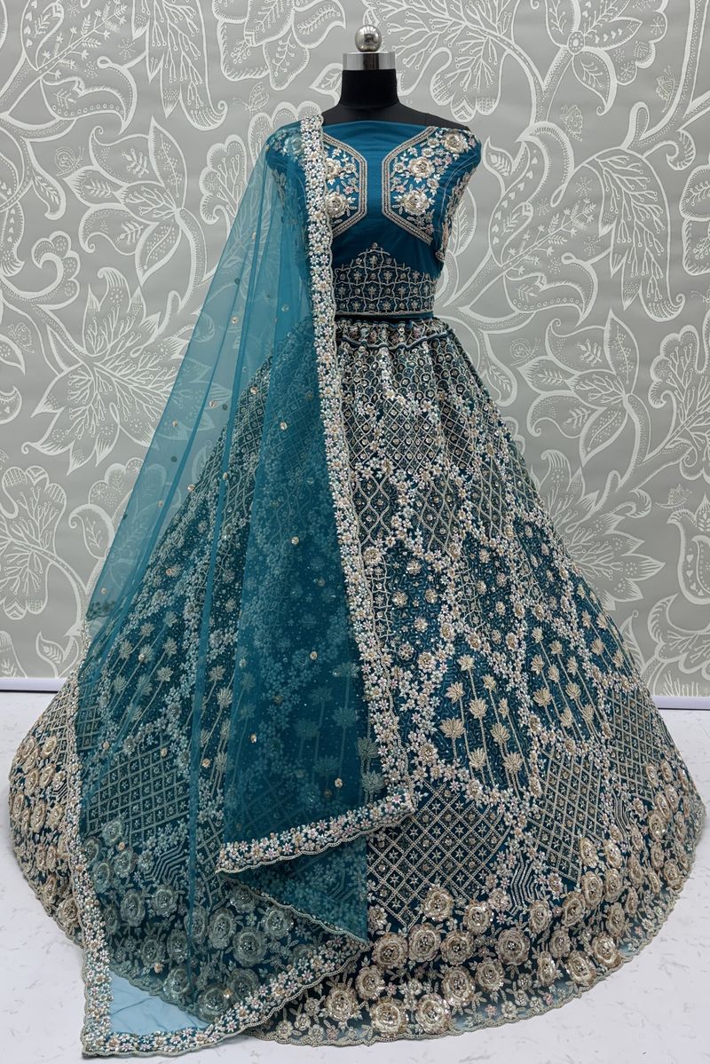 Firozi Pure Soft Net Heavy Embroidery Work Bridal Lehenga