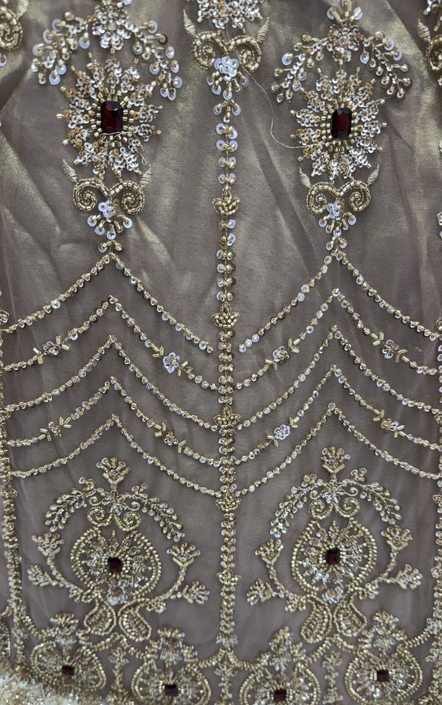 Beige Coppe Pure  Fendi Tussaud Silk Crystal Beads work Multi Thread Dori and Sequins Work Sequins Work Bridal Lehenga Choli