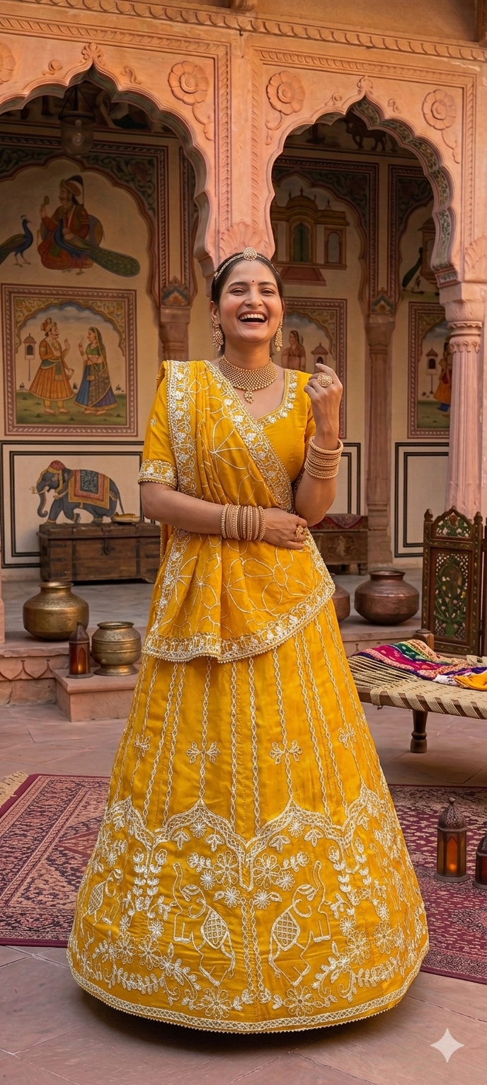 Yellow Pure Upada Silk Rajsthani Rajputi Lehenga Choli 