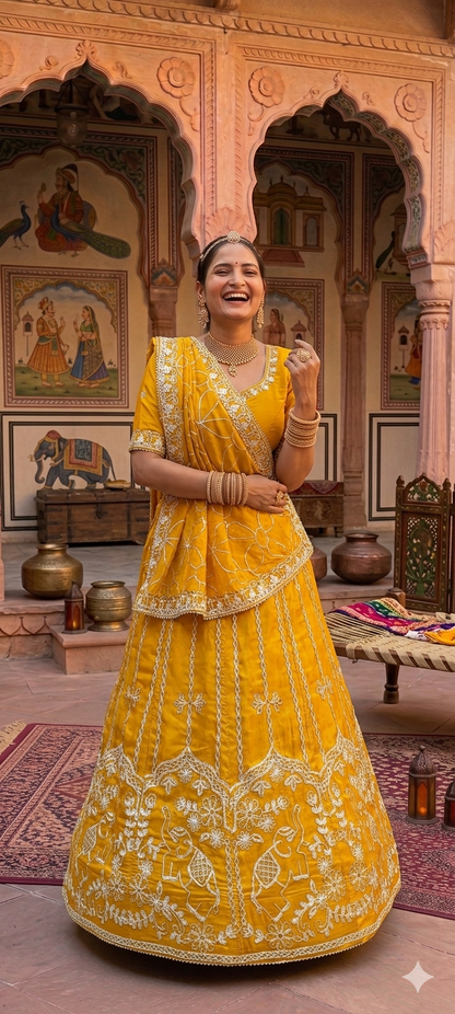 Yellow Pure Upada Silk Rajsthani Rajputi Lehenga Choli 