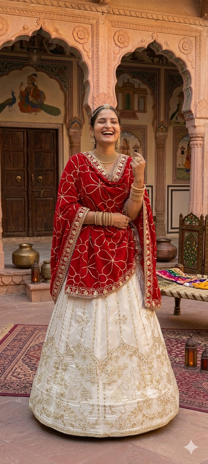 White Pure Upada Silk Rajsthani Rajputi Lehenga Choli 