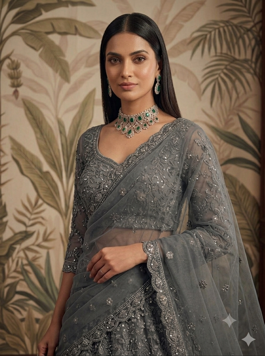 Grey Pure Heavy Net Monochrome Sequins Zari Embroidery Work Net Bridal Lehenga Choli