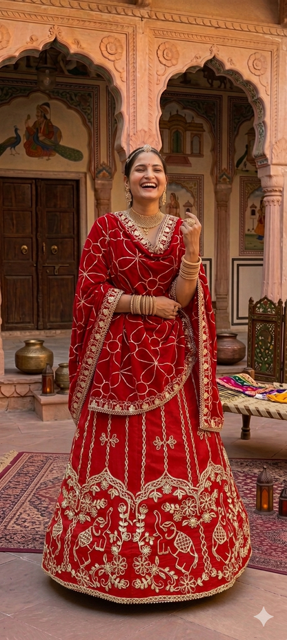 Red Pure Upada Silk Rajsthani Rajputi Lehenga Choli 