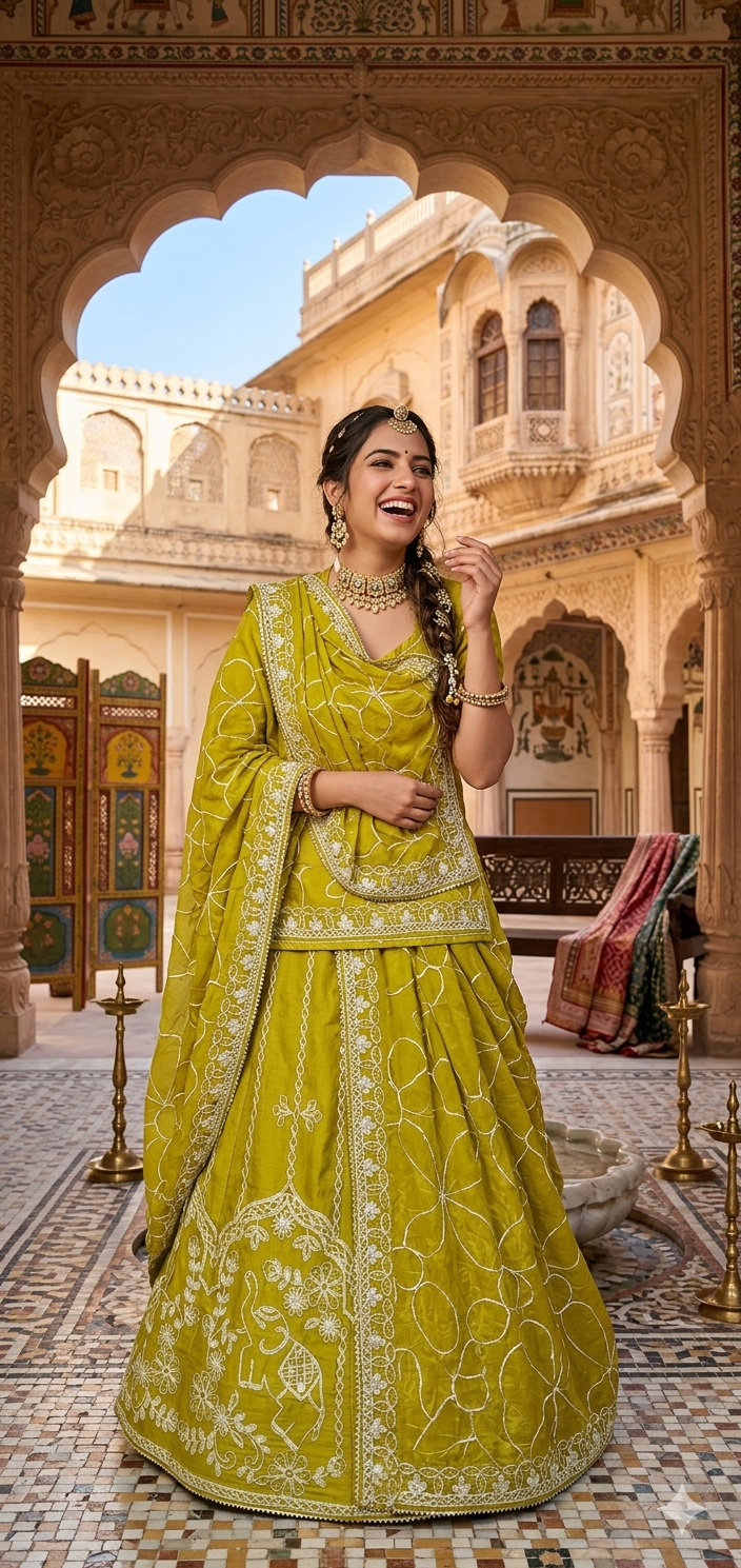 Lemon Green Pure Upada Silk Rajsthani Rajputi Lehenga Choli 