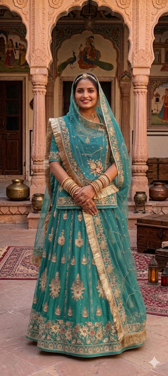 Light Green Pure Georgette Chunri Rajsthani Rajputi Lehenga Choli 